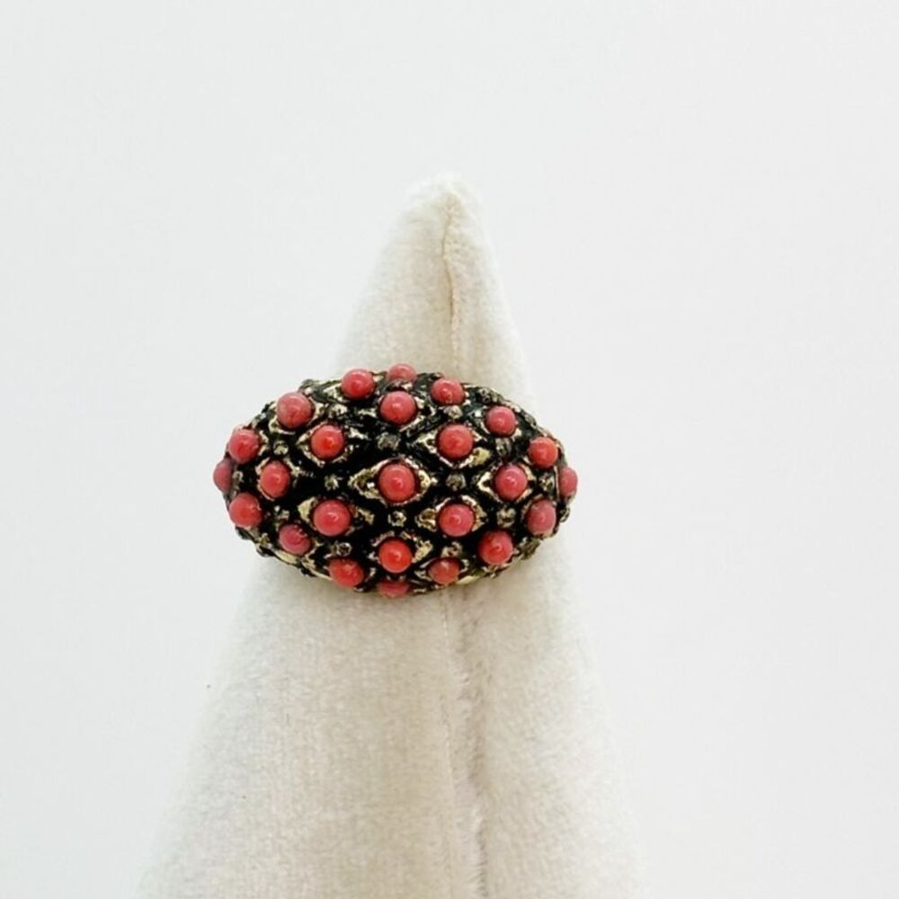 Vintage Coral Red Cabochon Dome Ring Gold Tone Cocktail Adjustable Size 6
